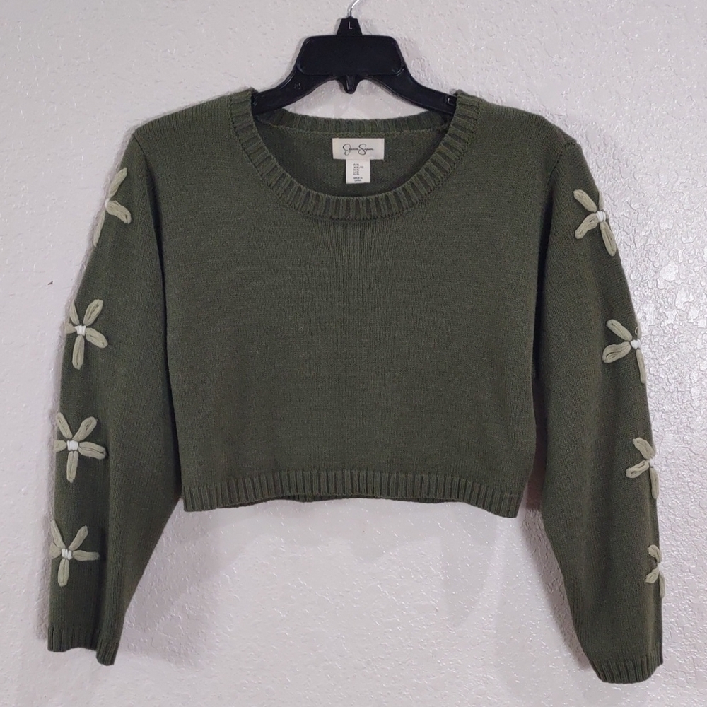 JESSICA SIMPSON, Size XL Green Sweater with Floral Sleeve Design - Picture 5 of 17